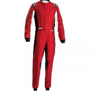 May include: A red racing suit with black and white accents. The suit features a high collar, long sleeves, and a fitted waist. The shoulders have white panels, and the suit has black panels on the sides and legs. The suit is designed for motorsports.