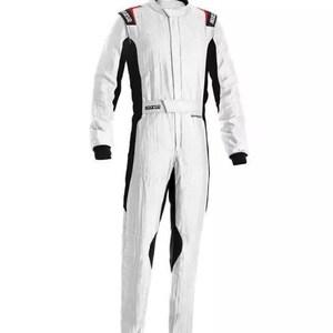 May include: White racing suit with black accents and red shoulder details. The suit features a full-length zipper, a belt, and the Sparco logo. The suit is designed for motorsports and racing.