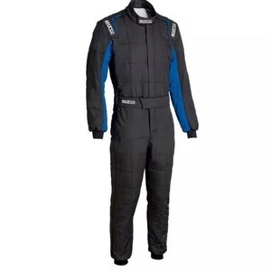 May include: Black racing suit with blue accents on the shoulders and arms. The suit has a quilted design and a belt at the waist. The Sparco logo is visible on the shoulders and chest.
