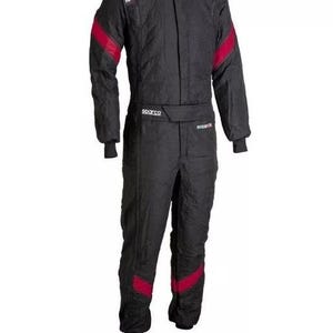 May include: Black racing suit with red accents on the shoulders, sleeves, and legs. The suit has a high collar and a front zipper. The brand name "Sparco" is visible on the shoulders and waist.