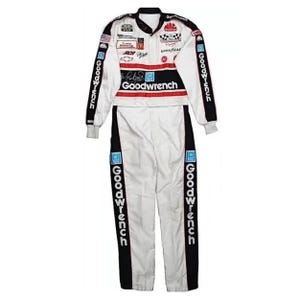 May include: White racing suit with black and red detailing. The suit displays various sponsor patches, including "Goodwrench" across the chest and legs. The sleeves have "Goodwrench" printed vertically. A classic racing uniform.