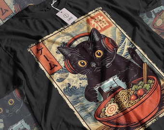 Best Seller de Amazon - Camiseta Kawaii Gamer Cat: Ramen divertido, camiseta gráfica japonesa retro