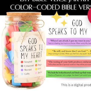 印刷可能な聖書の一節ジャーキット | 8つの感情を表す色分けされた聖書の言葉 | 黒インク対応PDF