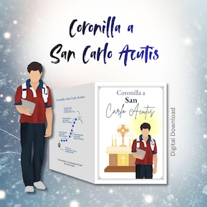 Może przedstawiać: Cyfrowe pobranie z tekstem "Coronilla a San Carlo Acutis". Obraz zawiera ilustrację osoby i schemat różańca. Widoczne są również słowa "Digital Download".