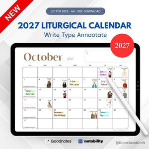Puede incluir: Un calendario litúrgico digital de 2027 en una tableta. El calendario muestra el mes de octubre, con fechas y anotaciones de eventos. La tableta es blanca y hay un lápiz óptico. El texto incluye "2027 CALENDARIO LITÚRGICO" y "Write Type Annootate."