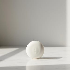 May include: A spherical, off-white soap bar with the word "kallpa" embossed on the side. The soap is on a white marble surface, with soft shadows and natural light.