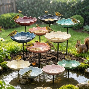Puede incluir: Una colección de bebederos y comederos para pájaros de cerámica con forma de flor y colores variados sobre finas estacas de metal negro en un jardín. El conjunto incluye cuencos de tonos pastel y vivos con agua o semillas, junto a pájaros, una rana y una ardilla.