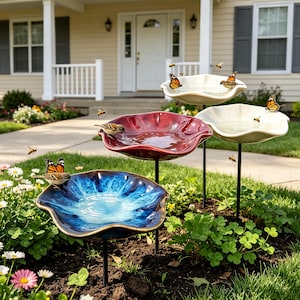 Personalized Ceramic Bird Bath Garden Stake,Custom Engraved Flower Water Station, Adjustable Height Pollinator Garden Decor, Bird Lover Gift