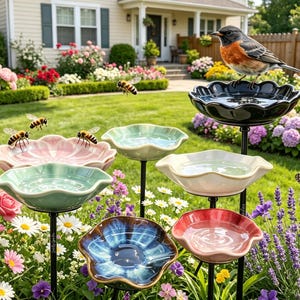 Personalized Ceramic Pollinator Water Station, Flower Garden Decor, Bee Butterfly Water Dish, Handmade Pottery Garden Stake, Nature Gift