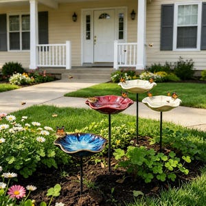 Personalized Ceramic Bird Bath Garden Stake,Custom Engraved Flower Water Station, Adjustable Height Pollinator Garden Decor, Bird Lover Gift