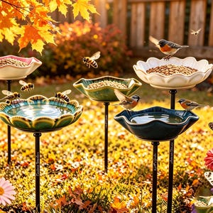 Puede incluir: Un conjunto de cuatro estacas de jardín con cuencos de cerámica festoneados en blanco, rosa, verde y azul. Dos cuencos contienen semillas para pájaros y dos contienen agua. Las estacas están en un jardín con hojas de otoño, margaritas, abejas y mariposas.