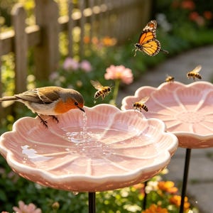 Puede incluir: Dos bebederos para pájaros en forma de flor de color rosa claro sobre finas estacas de metal negro. Un pájaro pequeño con el pecho naranja rojizo bebe del agua en el cuenco delantero. Una mariposa monarca y abejas vuelan cerca de los pétalos.