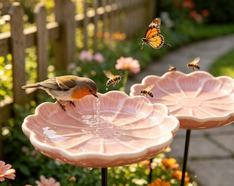 Bloemvormig vogelbad op een paal, regenwateropvangbak voor dieren, drinkplaats voor wilde dieren, keramische tuindecoratie voor vogels en bestuivers.