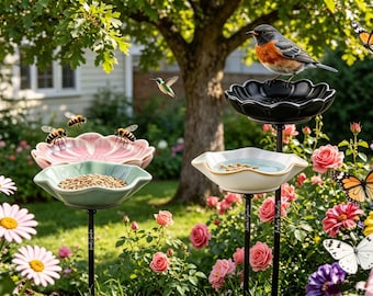 Small Standing Bird Bath,Hummingbird Water Feeder,Shallow Wild Bird Drinking Tray, Backyard Wildlife Station, Cottage Garden Yard Art
