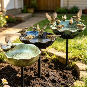 Peut inclure: Trois abreuvoirs à oiseaux étagés sur de fins piquets en métal noir, chacun doté d'un bol festonné dans des tons de vert et de bleu avec des motifs texturés. Plusieurs petits oiseaux bruns et blancs sont perchés sur les bords et boivent.