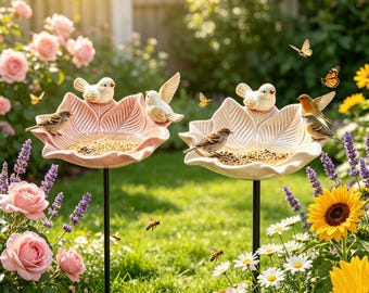 Cottage Garden Ceramic Bird Bath, Leaf Shape Outdoor Water Bowl With Bird Figurine, Handmade Garden Stake Decor
