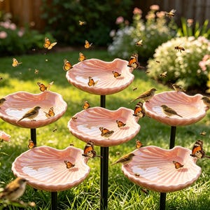 Personalized Pink Shell Bird Bath Garden Stake, Ceramic Bird Water Feeder,Custom Engraved Garden Gift,Butterfly Bee Water Station.