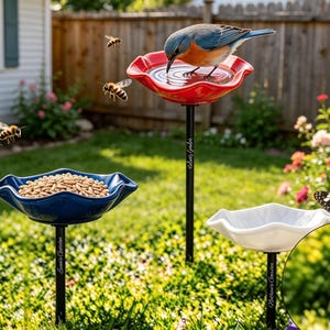Handmade Petal Shaped Ceramic Bird Waterer, Custom Name Engraved Pedestal Bird Bath, Rustic Countryside Garden Ornament,Yard Decor Gifts