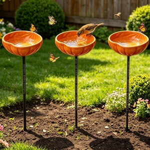 Könnte beinhalten: Drei orangefarbene, kürbisförmige Vogeltränken auf dünnen schwarzen Metallstäben. Jeder Stab ist mit vertikalem Text versehen. Ein kleiner brauner Vogel trinkt aus dem mittleren Becken, während orange-schwarze Schmetterlinge um die Schalen fliegen.
