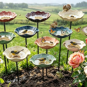 Peut inclure: Un ensemble de neuf mangeoires à oiseaux en céramique en forme de fleur sur de fines tiges métalliques noires, remplies de graines et d'eau. Les mangeoires sont de diverses couleurs, dont rouge, bleu, crème et rose, attirant oiseaux et insectes.