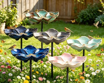 Custom Ceramic Garden Water Station, Personalized Outdoor Gift For Gardener, Handmade Flower Yard Decor, Wildlife Drinking Dish For Backyard