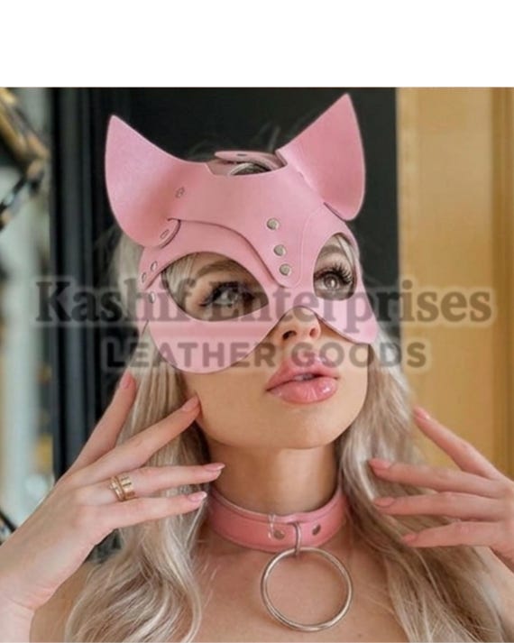 Handmade Pink Genuine Leather Cat Mask and Collar Set Custom Made to Measure