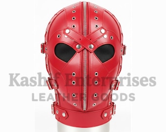 Red Leather Hood Mask with Zipper | Handmade Fetish Headgear | Adjustable Leather Mask