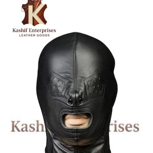 May include: Black leather hood with an open mouth and eye design. The hood has stitched details and a smooth texture. The text "Kashif Enterprises Leather Goods" is visible.