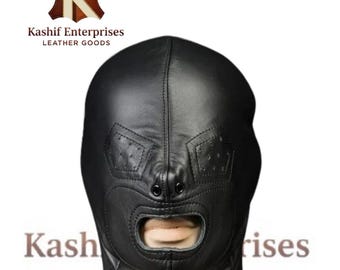 Black Leather Hood with Mouth Opening – Adjustable Headgear | Unisex Costume Accessory