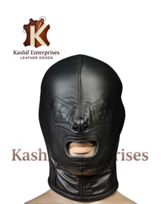 Black Leather Hood with Mouth Opening – Adjustable Headgear | Unisex Costume Accessory