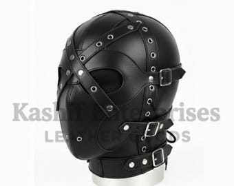 Handmade Black Leather Bondage Hood Mask with Adjustable Buckles custom made to measure
