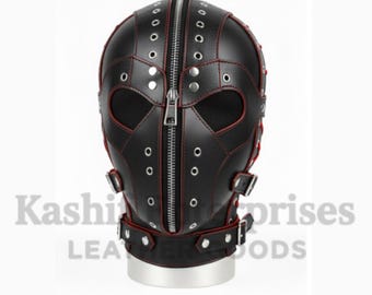 Black Leather Hood Mask with Front Zipper | Adjustable Buckle Head Mask