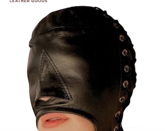 Open Mouth 100% Real Leather Hood – Black Soft Leather Full Head Mask