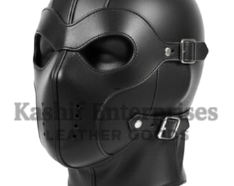Handmade Black Leather Hood Mask | Adjustable Buckle Head Mask