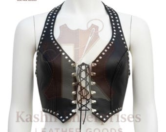 Handmade Black Leather Lace-Up Corset Top | Studded Crop