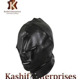 May include: Black leather hood with a zipper closure on the face and a neck strap with a metal ring. The hood is designed to cover the entire head and neck. The text "Kashif Enterprises Leather Goods" is visible.