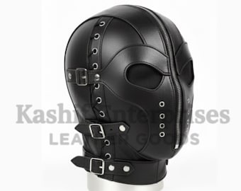 Handmade Black Leather Hood Mask with Side Buckles & Front Zipper – Fetish Headgear