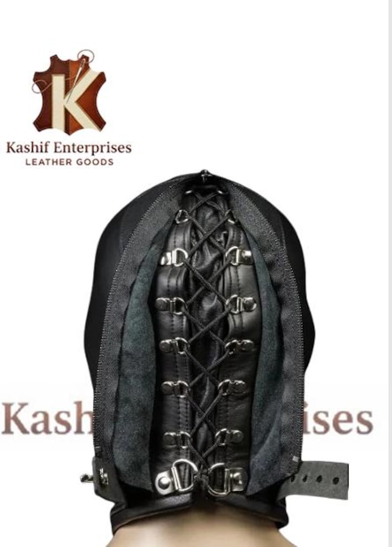 May include: Black leather hood with a zippered opening and a laced interior. The hood features metal hardware and a strap closure. The product is from Kashif Enterprises Leather Goods.