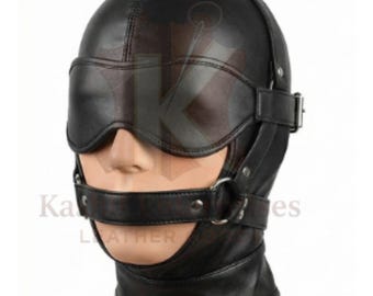 Black Genuine Leather Sensory Deprivation Hood Blindfold Mask with Front Lace-Up Made-to-Measure