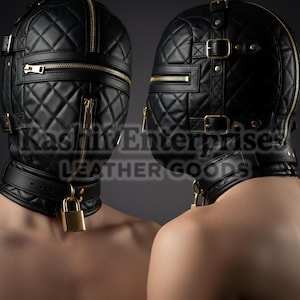 May include: Black leather hood with a quilted design, gold zips, and buckle fastenings. The hood features a matching collar with a gold padlock. The text "Kashif Enterprises LEATHER GOODS" is visible.