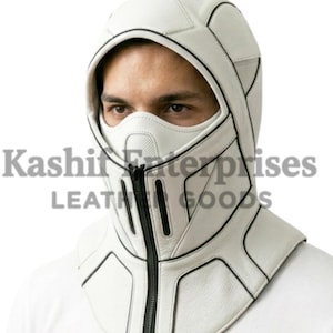 May include: White leather hood with a built-in face mask and a black zipper. The hood has black trim and is designed to cover the head and neck. The text "Kashit Enterprises LEATHER GOODS" is visible.