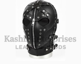 Handmade Black Leather Hood Mask with Front Zipper – Fetish Bondage Headgear with Buckles