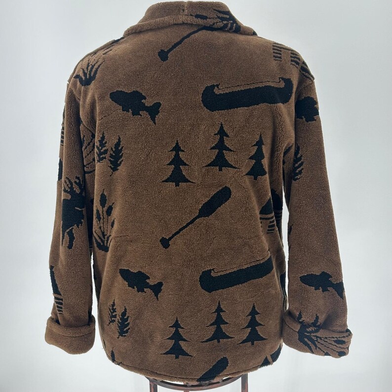 Vtg Denali Men's Brown Sherpa Fleece Jacket Nature Moose Trees Canoes Puddle M image 5