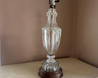 Vintage Ribbed Glass Table Lamp Hollywood Regency Accent Lighting Decor