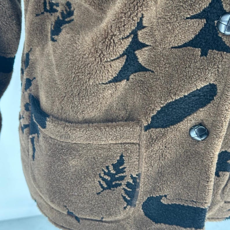 Vtg Denali Men's Brown Sherpa Fleece Jacket Nature Moose Trees Canoes Puddle M image 3