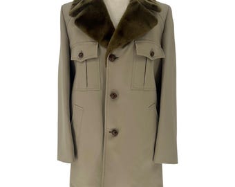 Vintage London Fog Mens Tan Faux Fur Collar Lined Trench Coat Overcoat 42 Long