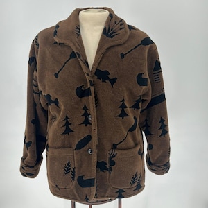 Vtg Denali Men's Brown Sherpa Fleece Jacket Nature Moose Trees Canoes Puddle M image 1