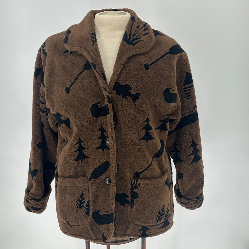 Vtg Denali Men's Brown Sherpa Fleece Jacket Nature Moose Trees Canoes Puddle M image 1