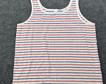 Vintage Jantzen tanktop voor dames, maat L, gestreept in rood, wit en blauw, casual zomer, gemaakt in de VS.