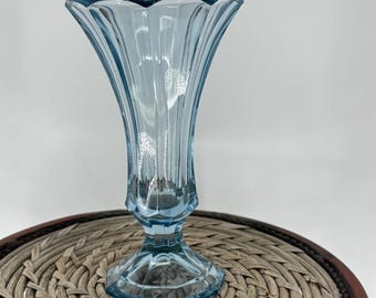 Vintage Fostoria Virginia Scalloped Blue Glass Fluted Vase Pedestal Footed 7 in